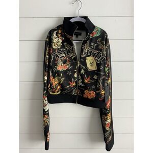 Ed Hardy Y2K Black Crop Zip Up Track Jacket Tattoo Womens Small‎ NWT 0622